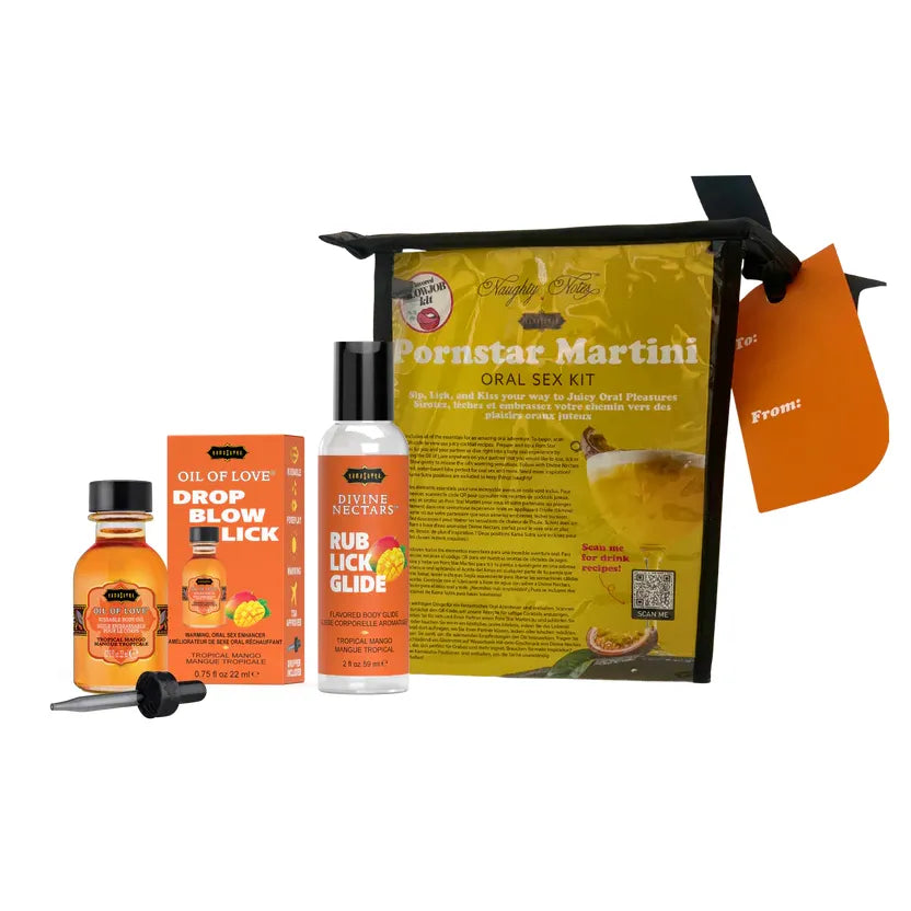Collection of tropical mango pornstar martini collection of products including a bottle, packaging, and tools on a white background