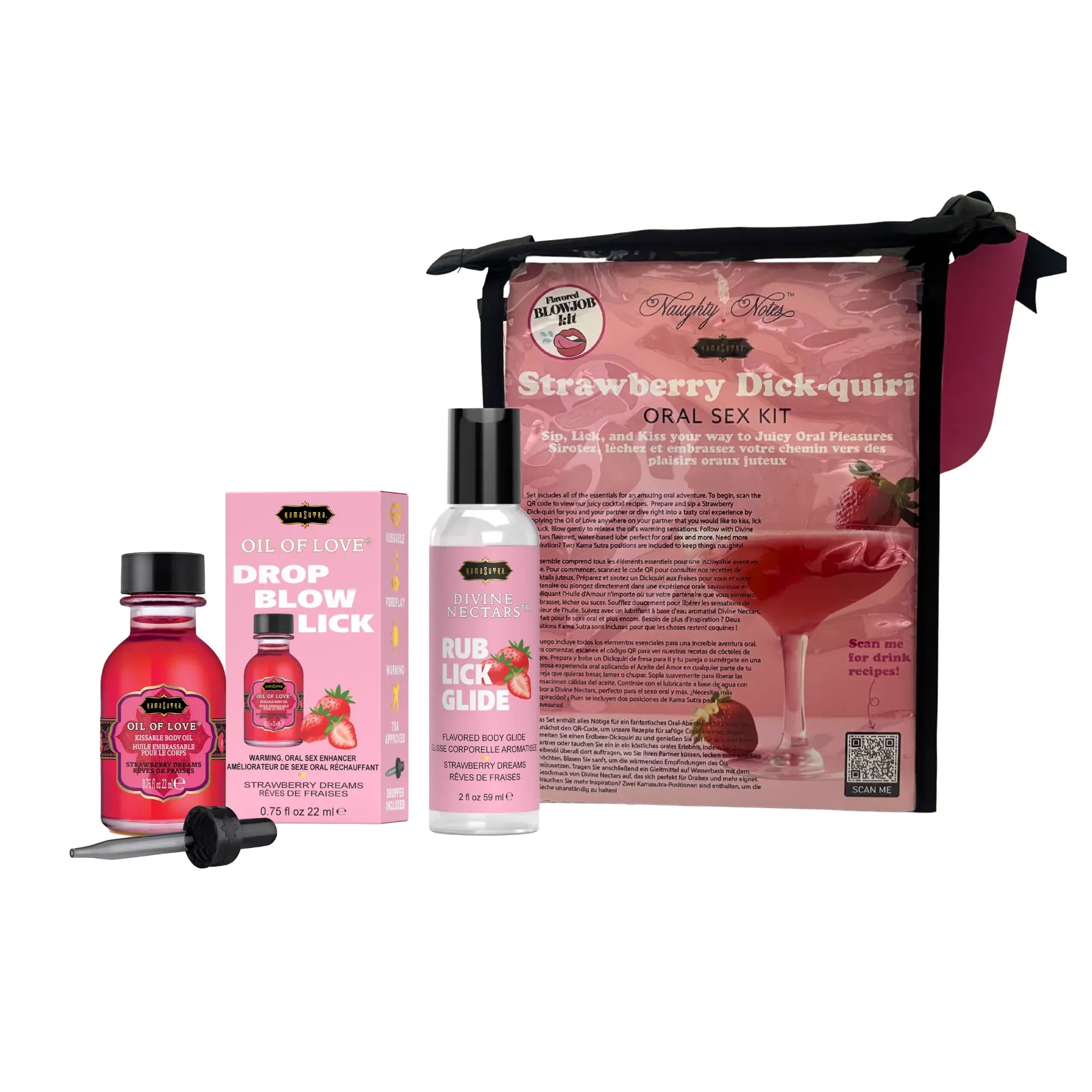 Strawberry flavored oral sex kit with bottles and packaging on a white background