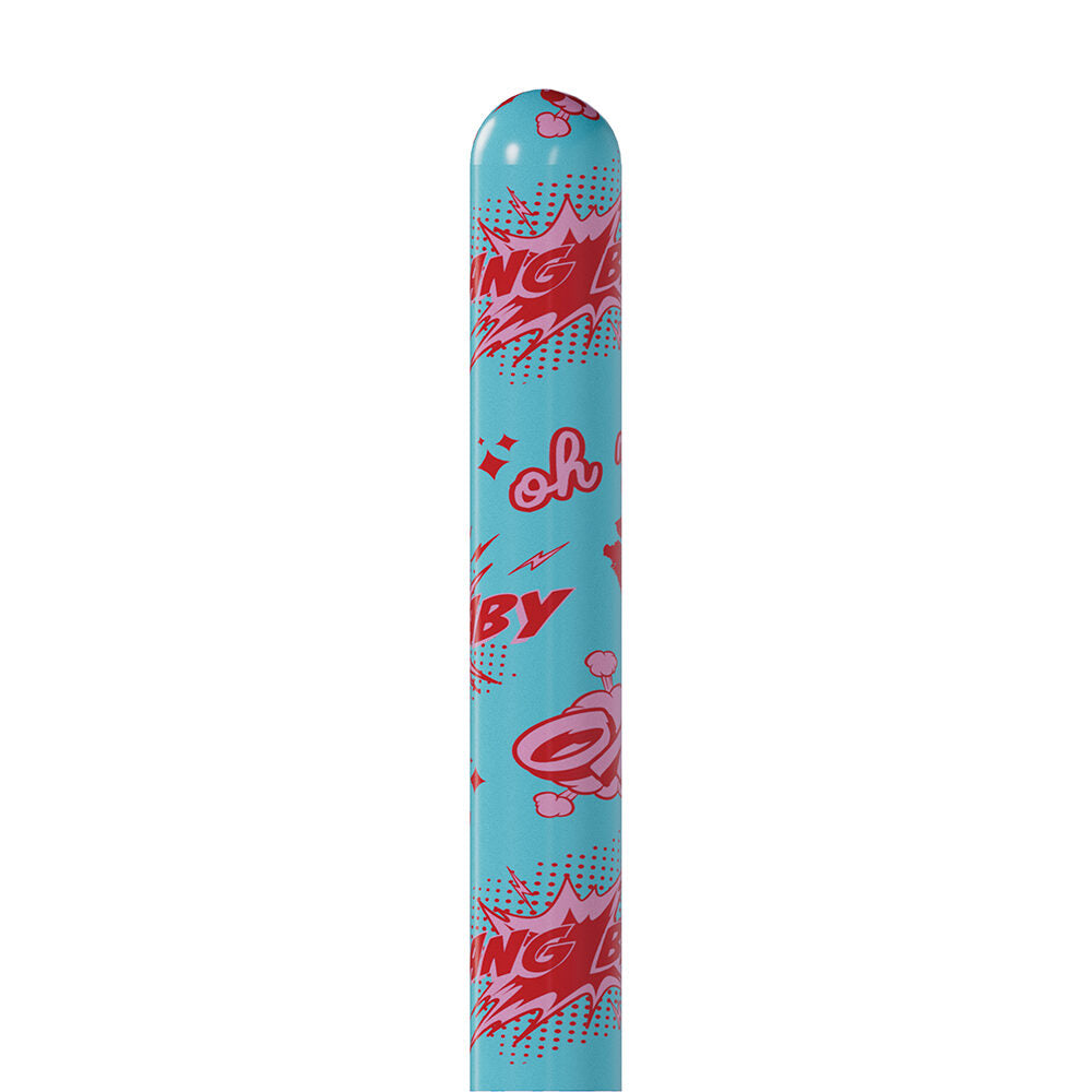 Blue cylindrical vibrator with pink comic-style text and graphics on a white background