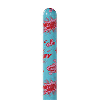 Blue cylindrical vibrator with pink comic-style text and graphics on a white background