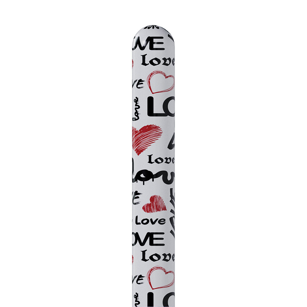 White cylindrical vibrator with 'Love' and heart designs on a white background