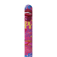 Colorful lip-shaped vibrator with text and graphics on a white background