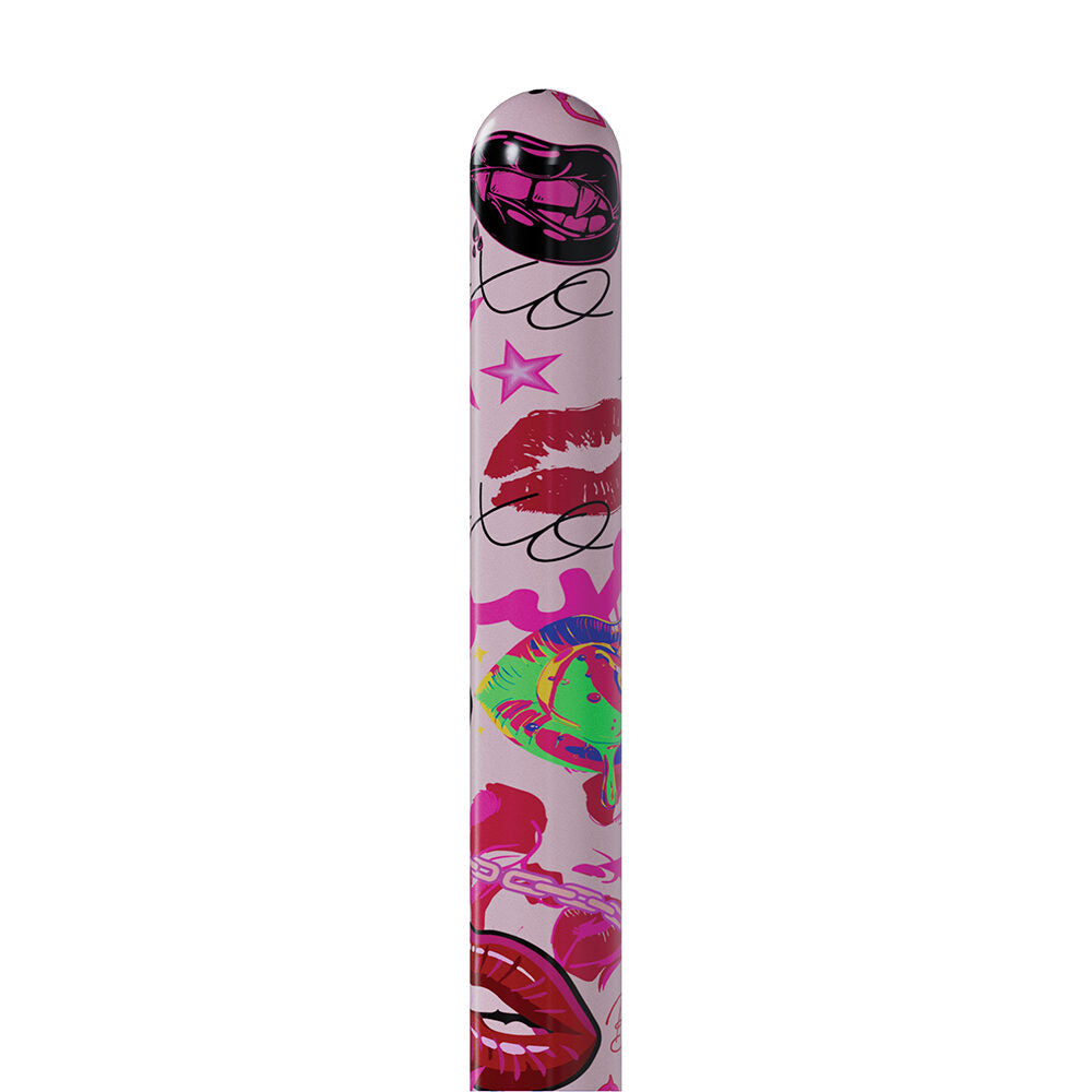 Colorful cylindrical product with lip print design on a white background