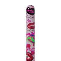 Colorful cylindrical product with lip print design on a white background