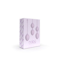 3 different size lilac Kegel balls on box packaging, on white back ground