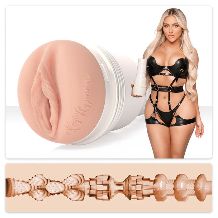 Kayley Gunner Fleshlight Masturbator with a close-up of the cream and a model wearing a black strappy outfit.
