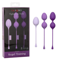 3 piece purple kegel set next to package