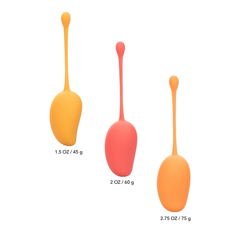 3 single mango shaped kegels with tails with weight listed beneath
