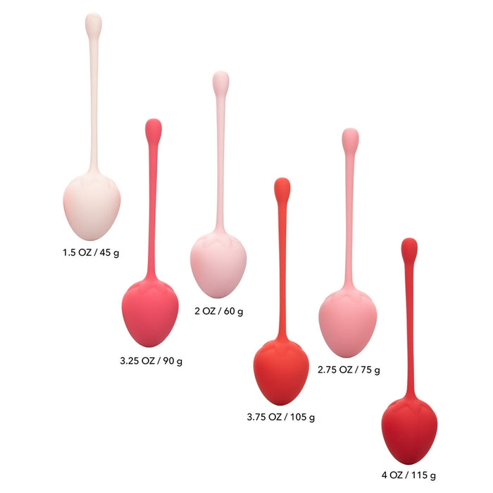 6 strawberry shaped kegels with tails with weights listed below