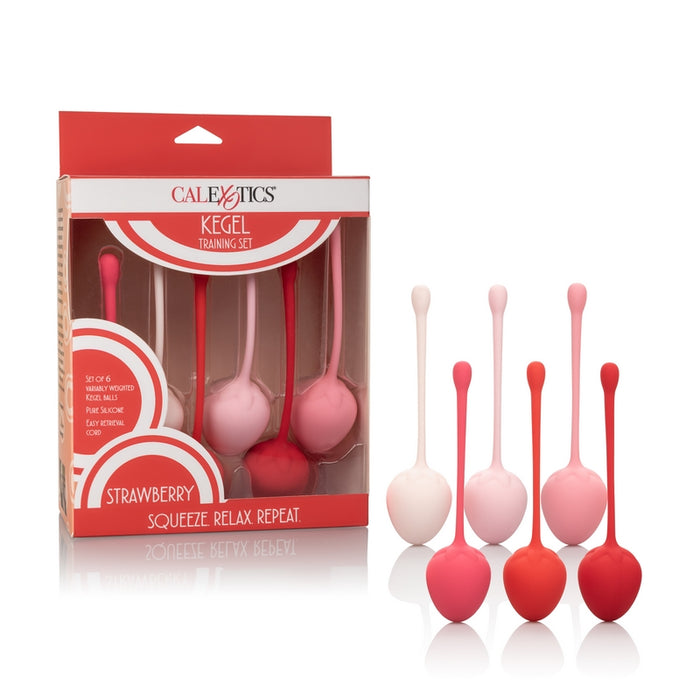 6 piece assorted pink and red strawberry shaped kegels next to box