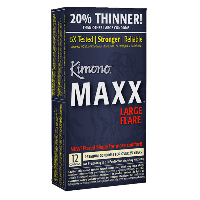 Kimono Maxx Large Flare condom packaging on a white background