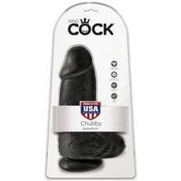 a chubby black detailed penis shaped dildo with balls and a suction cup. It is shown in its plastic packaging.