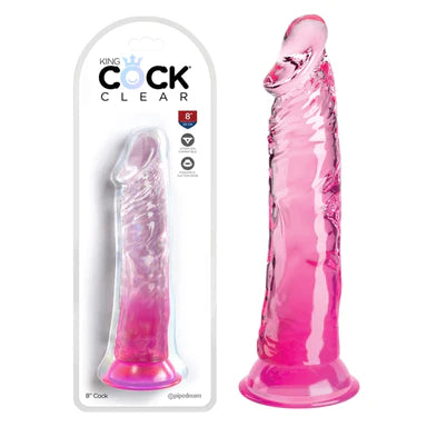 a pink translucent penis shaped dildo with a suction cup base shown in its plastic packaging