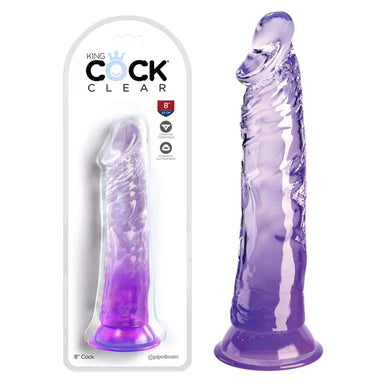 a purple translucent penis shaped dildo with a suction cup base shown in its plastic packaging