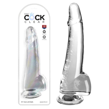 a clear smooth penis shaped dildo with balls and a suction cup, shown next to its plastic packaging