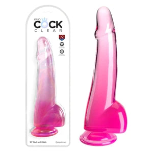 a pink smooth penis shaped dildo with balls and a suction cup, shown next to its plastic packaging