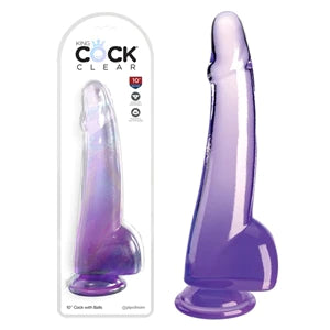a purple smooth penis shaped dildo with balls and a suction cup, shown next to its plastic packaging