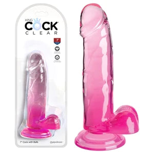 a pink detailed penis shaped dildo with balls and a suction cup, shown next to its plastic packaging