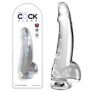 a clear smooth penis shaped dildo with balls and a suction cup, shown next to its plastic packaging