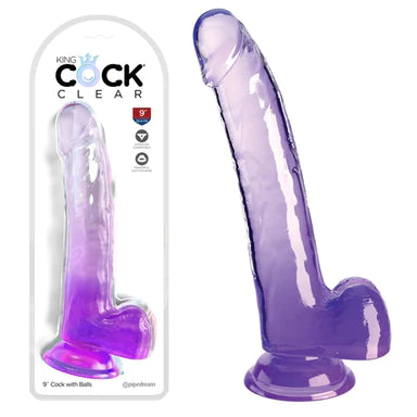 a long purple detailed penis shaped dildo with balls and a suction cup, shown next to its plastic packaging