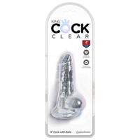 a clear detailed penis shaped dildo with balls and a suction cup, shown in its plastic packaging