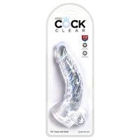 a curved clear detailed penis shaped dildo with balls and a suction cup, shown in its plastic packaging