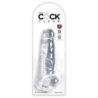 a clear detailed penis shaped dildo with balls and a suction cup, shown in its plastic packaging