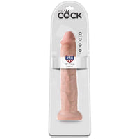 a beige penis shaped dildo with a suction cup base shown in its plastic packaging