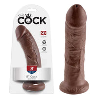 a brown penis shaped dildo with a suction cup base shown next to its plastic packaging