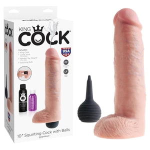 a beige detailed penis shaped dildo with balls. It comes with a black squirting bulb and is shown next to its white display box