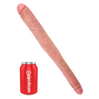 beige 16" tapered realistic double dildo next to pop can