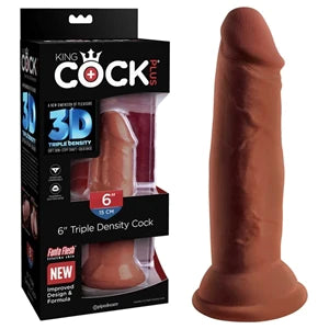 a brown penis shaped dildo with a suction cup base shown next to its black box packaging