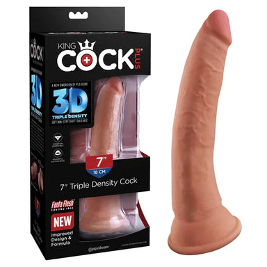 a tan penis shaped dildo with a suction cup base shown next to its black box packaging