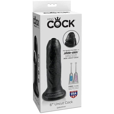a white display box depicting a black penis shaped dildo with an uncut slidable forskin and a suction cup base