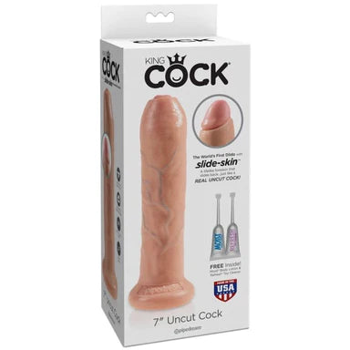 a white display box depicting a beige penis shaped dildo with an uncut slidable forskin and a suction cup base