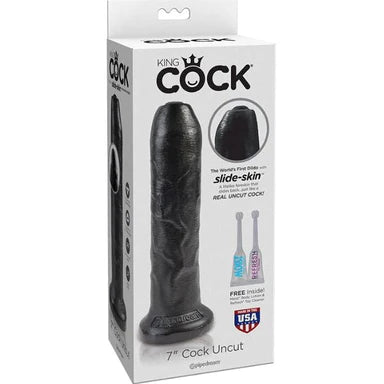 a white display box depicting a black penis shaped dildo with an uncut slidable forskin and a suction cup base