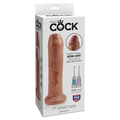 a white display box depicting a tan penis shaped dildo with an uncut slidable forskin and a suction cup base