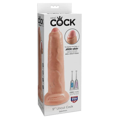 a white display box depicting a beige penis shaped dildo with an uncut slidable forskin and a suction cup base