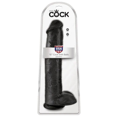 a black detailed penis shaped dildo with balls and a suction cup. It is shown in its plastic packaging