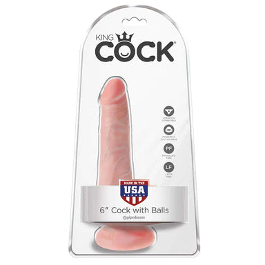 a beige detailed penis shaped dildo with balls and a suction cup. It is shown in its plastic packaging