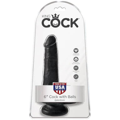 a black detailed penis shaped dildo with balls and a suction cup. It is shown in its plastic packaging