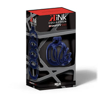Box packaging of a product from the 'kiNk Collection' with blue helix design cock cage on a white background.