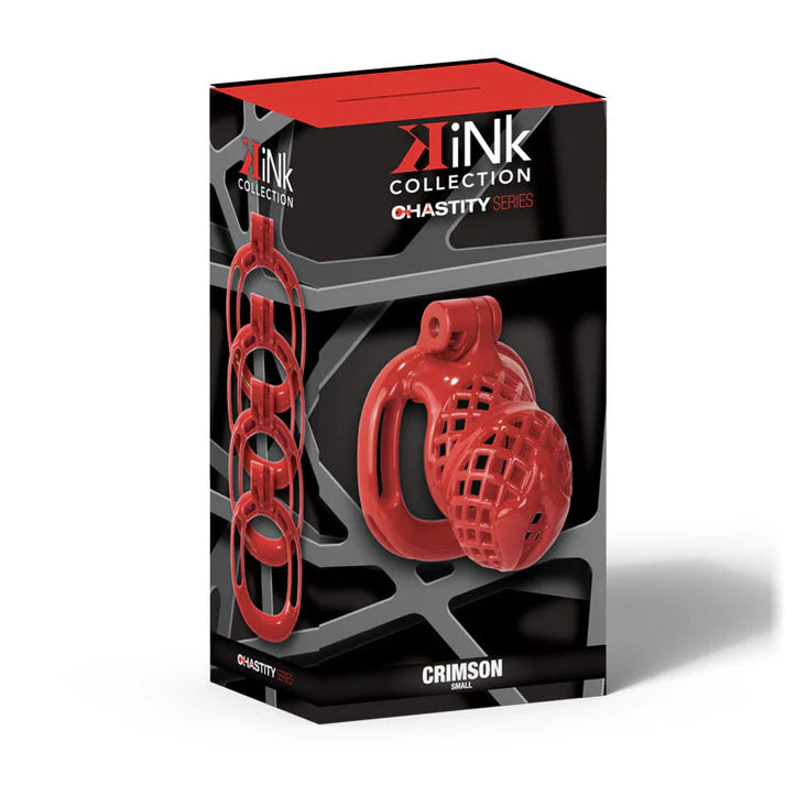 kink collection chastity series crimson cock cage product packaging on white back ground
