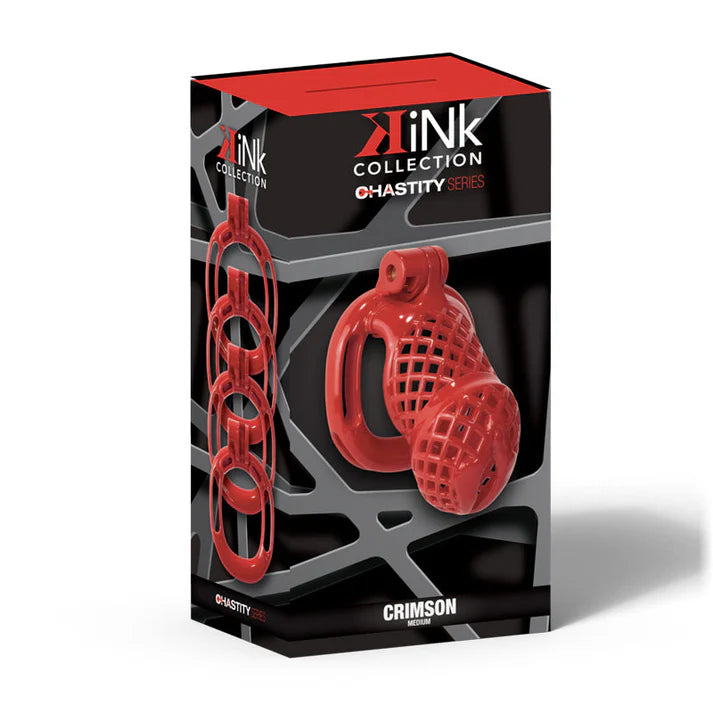 kink collection chastity series crimson cock cage product packaging on white back ground