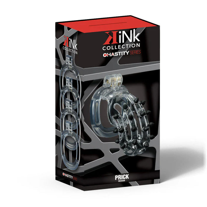 Product packaging for 'Prick' chastity cage from the 'kiNk Collection' on a white background