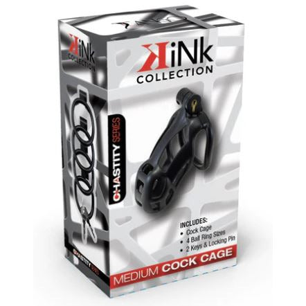 grey and white packaging with a black hard penis shaped lockable cage on the front