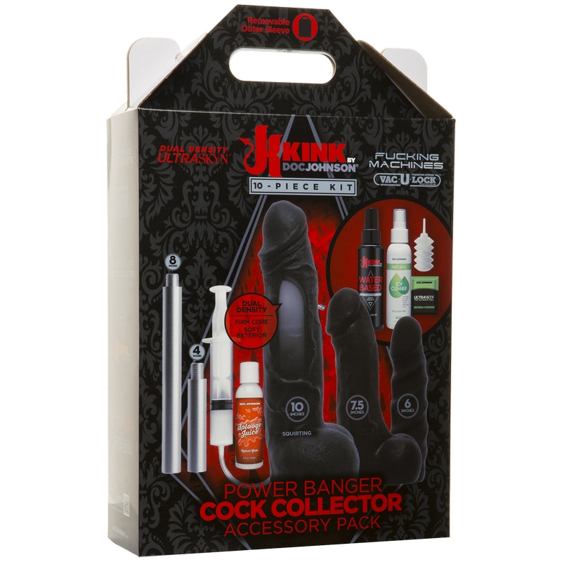 black and red box with picture of accessories included, which are 2 extender bars, splooge juice,  kink waterbased lubricant, toy cleaner, and refresh powder
