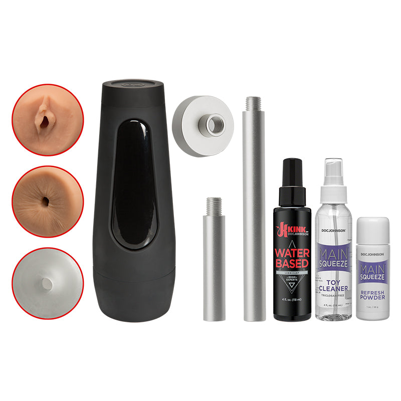 kink accessories of refresh powder, toy cleaner, kink waterbased lubricant, 2 extender rods, masturbation case, with a vaginal opening and anal opening sleeve