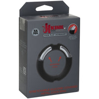 grey doc johnson box with black 35mm silicone cock ring with metal core