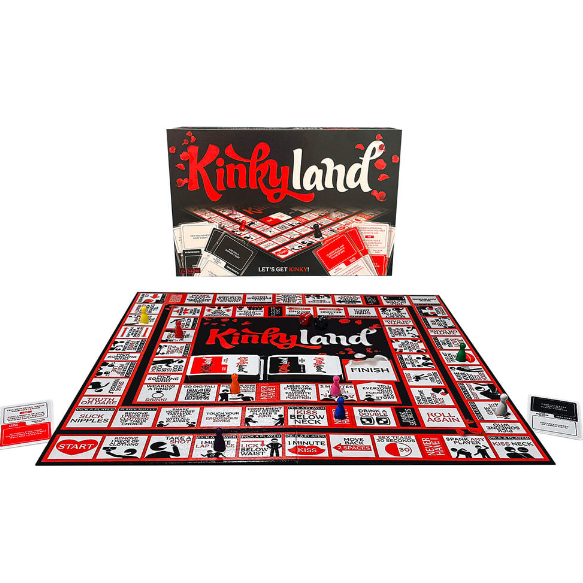 Kinkyland board game set with board, pieces, and packaging on a white background